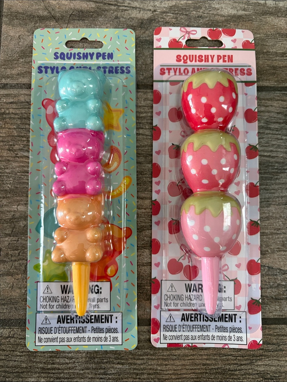 2pc Squishy Pen Set - Pastel Gummy Bear Stack & Strawberry Trio